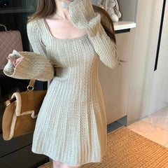 Hnewly  Knitted Women Dresses Solid Autumn Winter A-line Chic Mini Dress Korean Fashion Elegant Versatile Vestidos Mujer