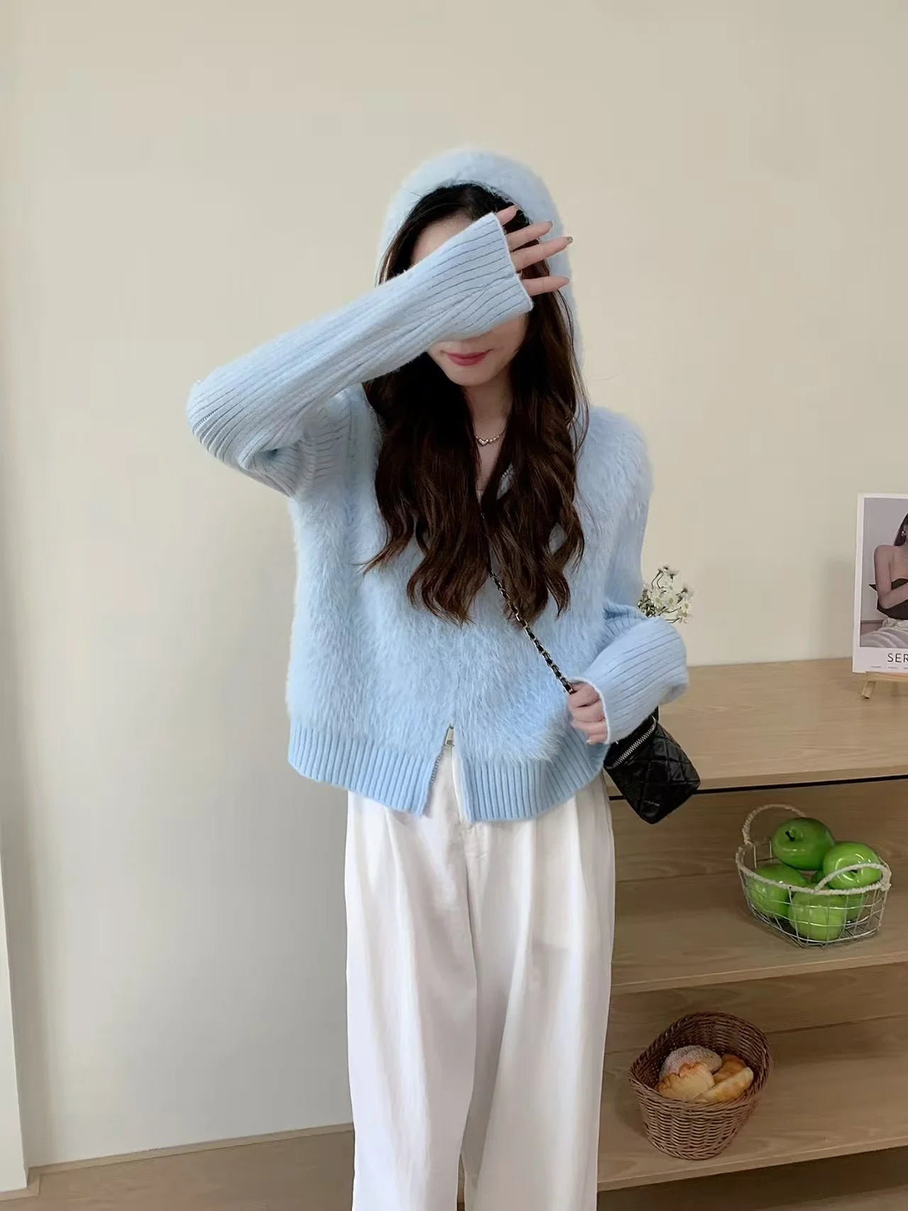 Hnewly  Fuzzy Sweater Hoodie Zip-Up Mohair-Knit Cardigan Women Long Sleeve Hooded Crop Top Knitwear Fall Winter Teen-girl Y2K Outfit
