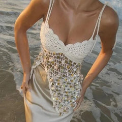 Hnewly  Sexy Women's Wrapped Chest Sleeveless Camisole Tees New Casual Patchwork Holiday Blouses Shiny Sequin Backless Summer Top