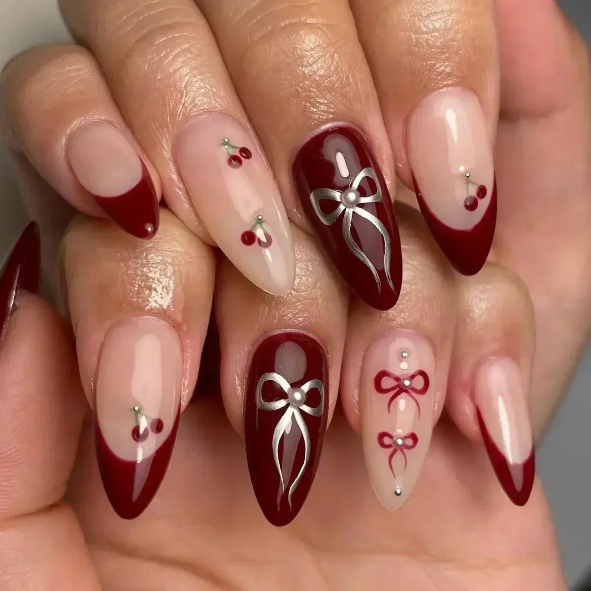 Hnewly 24Pcs Pink Almond French Press on Nails With 3D Bow ripple charms Design Fake Nails Ballerina False Nails Full Cover Nail Tips