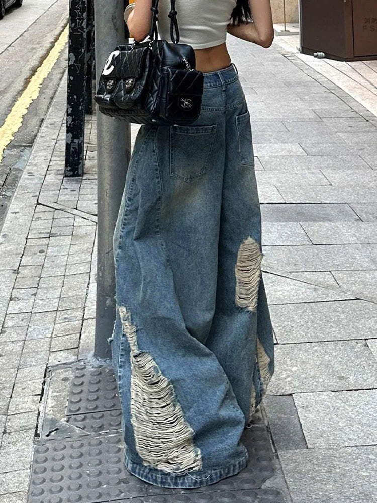 Hnewly Women Hole Y2K Jeans Streetwear Sexy Low Waist Retro American Denim Pants Loose Pockets Vintage Bf Wide Leg Trousers Fall