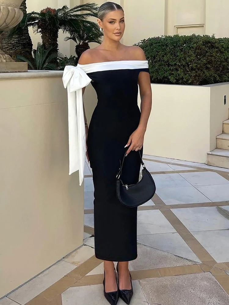 Hnewly  Slash Neck Dress Women Y2K Chic Tassel Bandage Sleeveless Skinny Stretch Elegant 2025 Summer Trend Slim Maxi Bodycon