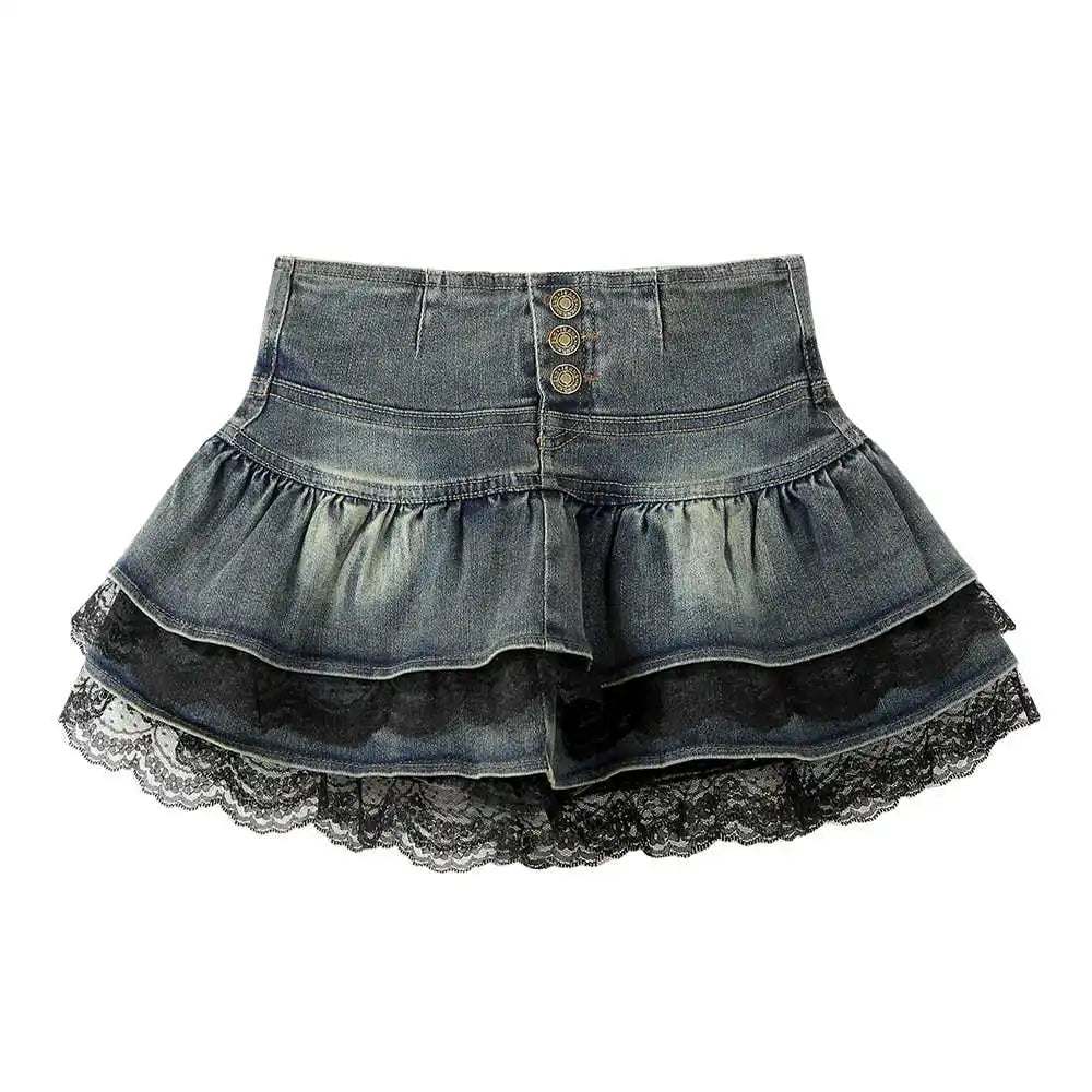 Hnewly  Summer Women Ballet Core Y2k Mini Denim Skirt Harajuku Japanese Preppy 2000s Grunge E-girl Gyaru Coquette Kpop Ruffle Design