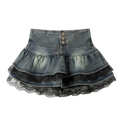 Hnewly  Summer Women Ballet Core Y2k Mini Denim Skirt Harajuku Japanese Preppy 2000s Grunge E-girl Gyaru Coquette Kpop Ruffle Design
