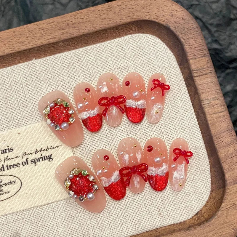 Hnewly 10Pcs Pink Handmade Press on Nails Full Cover Bow Tie Rhinestone Design French Almond Fake Nails Wearable Manicure Nail Tips Art