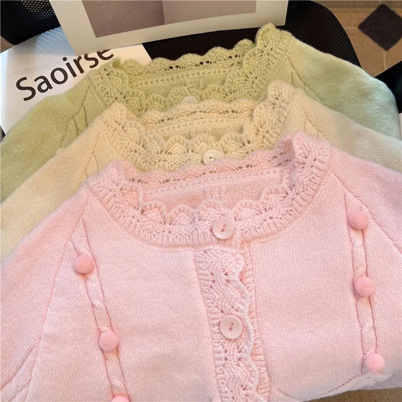 Hnewly  Korean Sweater Cardigan Women's Spring Autumn 2025 Versatile Soft Knitted Jacket Elegant Lace Single Breasted Long Sleeved Top