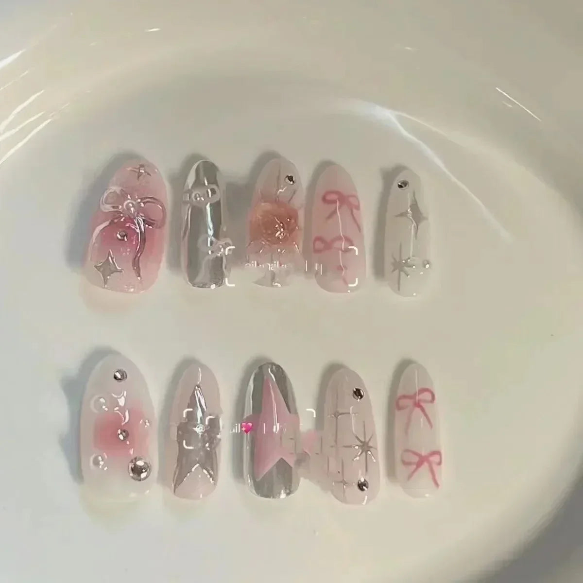 Hnewly 10Pcs Pink Handmade Press on Nails Full Cover Bow Tie Rhinestone Design French Almond Fake Nails Wearable Manicure Nail Tips Art