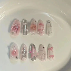 Hnewly 10Pcs Pink Handmade Press on Nails Full Cover Bow Tie Rhinestone Design French Almond Fake Nails Wearable Manicure Nail Tips Art