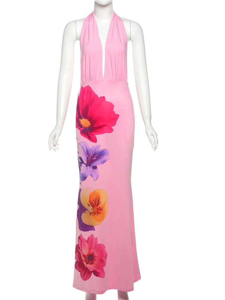 Hnewly Flower Print Dress Women Backless Sleeveless Lace-Up Tassel Halter Folds Patchwork Beach Vacation Party Vestidos