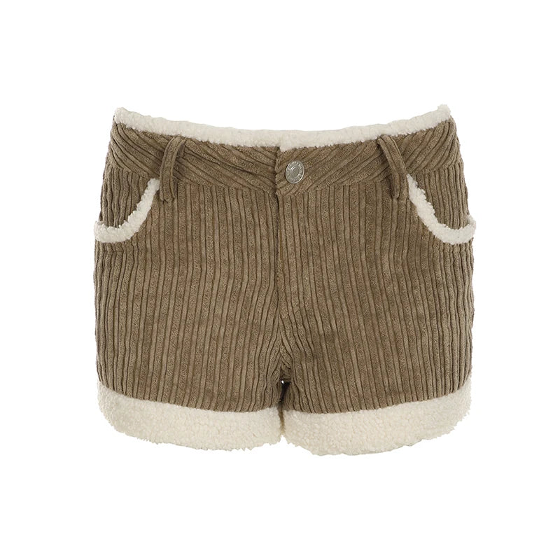Hnewly cute casual outfits for winter Autumn Trendy New Women’s Corduroy Short Fashion Simple All-Match Faux Fur Trim Spliced Design Short Pants