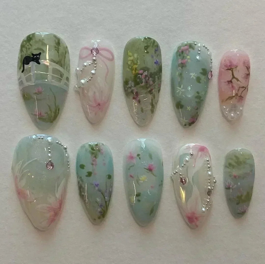 Hnewly 24Pcs Pink Almond French Press on Nails With 3D Bow ripple charms Design Fake Nails Ballerina False Nails Full Cover Nail Tips