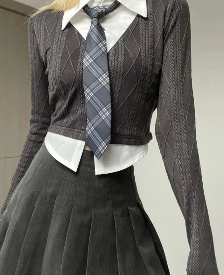 Hnewly BACK TO SCHOOL OUTFIT Preppy Style Lapel Patchwork T-Shirt and Tie Japanese JK Casual Crop Tops Women Long Sleeve Knitted Tee Shirts Korean