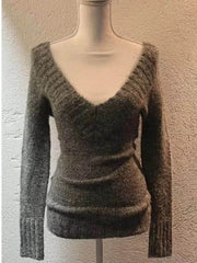 Hnewly  Casual All-match V-neck Gray Knitted Pullover Autumn New Bottoming Tops Women Y2k Slim Fit Long Sleeve Sweaters Mujer