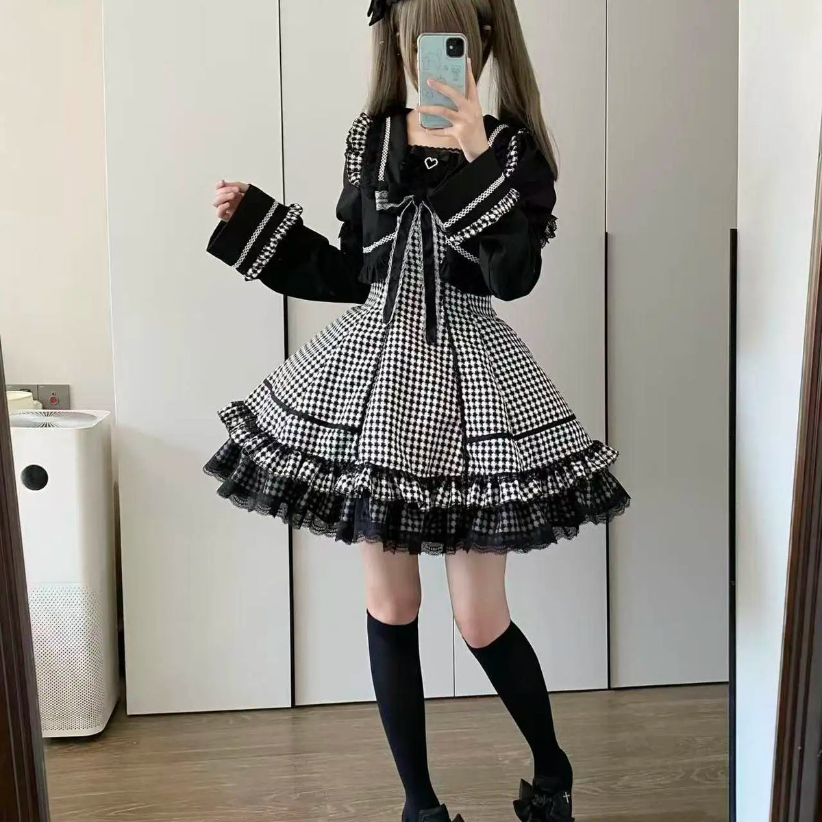 Hnewly  Lolita Gothic Short Sleeve Dress with Hand Sleeve Spring Summer New Girl's Cute Short Dress Japanese Fake Two-Piece Plaid Dress