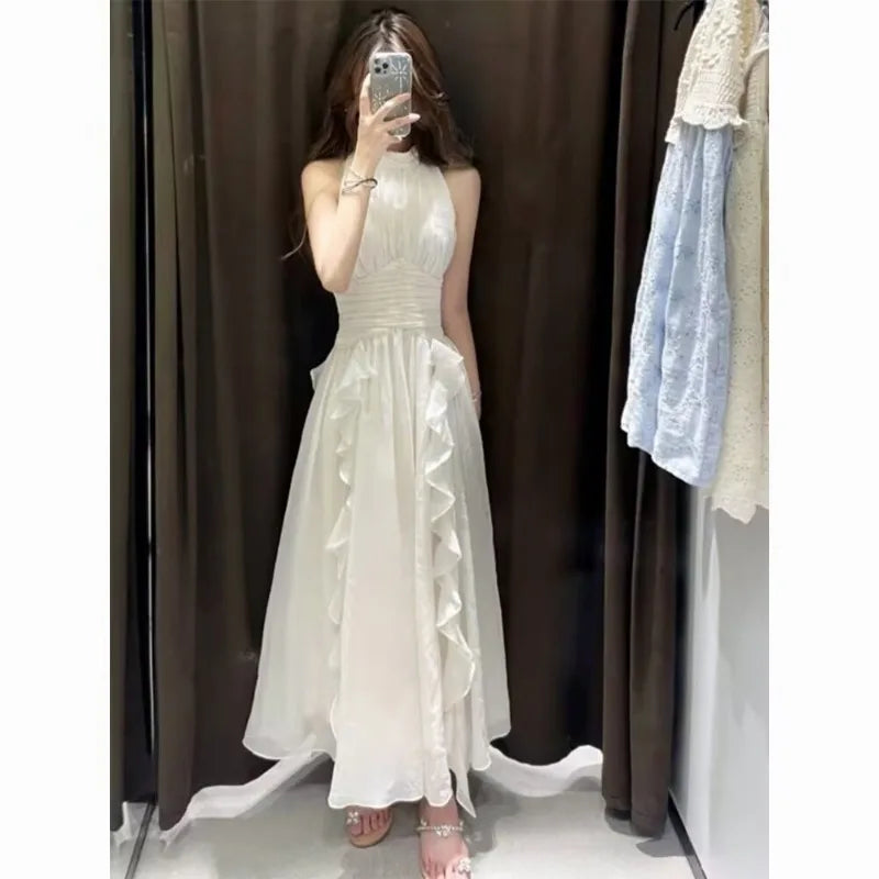 Hnewly  Summer New Style Halterneck Dress for Women Ruffled Elegant Sleeveless Skirt the dress black dress white dress