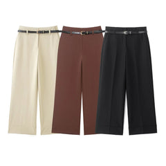 Hnewly  Women Chic Fashion Office Wear Straight Pants With Belt Vintage High Waist Zipper Female Trousers Mujer