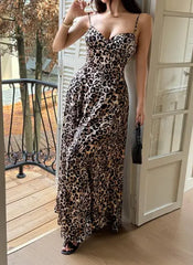 Hnewly  Women's Elegant  Suspender Print Long Skirt Dress, Leopard Print Maxi Dress with Sweetheart Neckline