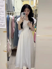 Hnewly  Woman Dress Puff Short Sleeve Lace Up French Style Chic Summer Fashion Temperament Elegant Party Dresses Female Casual