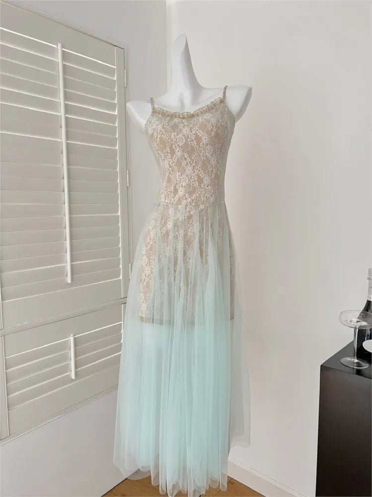Hnewly Summer Lace Mesh Elegant Spliced Sling Dresses For Woman 2025 Sexy Zipper New Fashion Evening Party Prom Long Dress 2025 Vestido