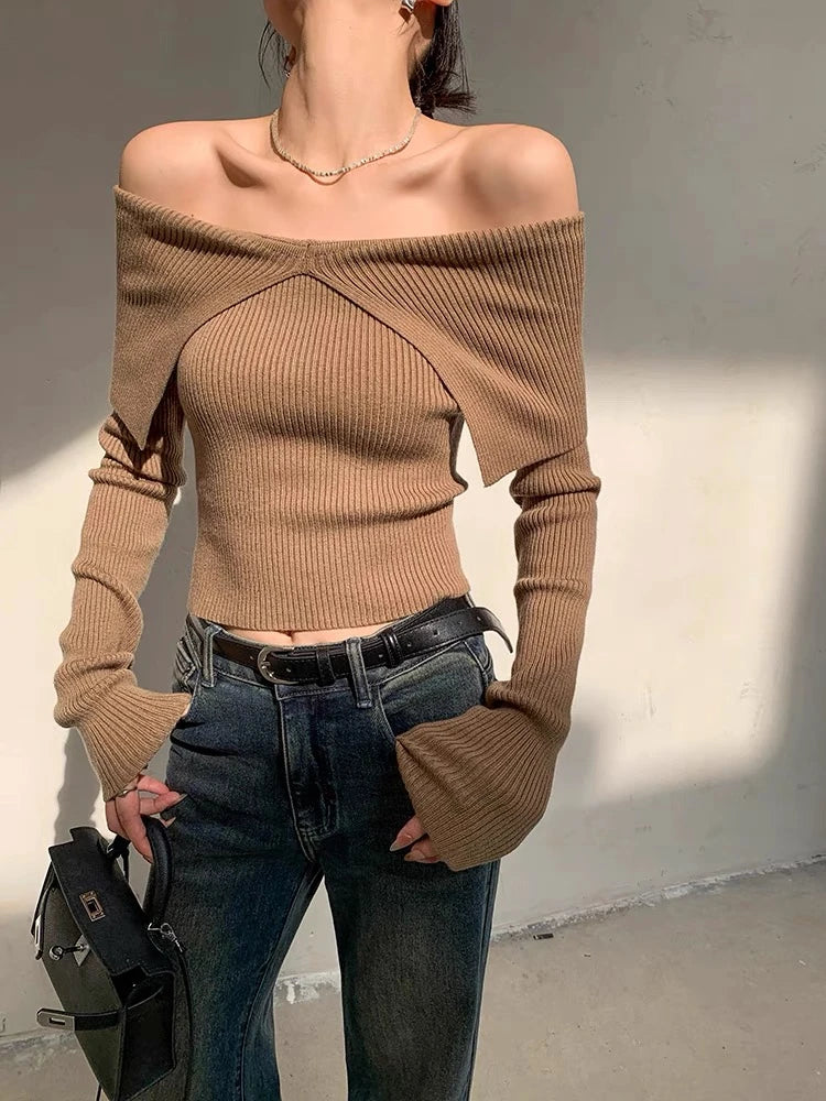 Hnewly Autumn Winter Women Sweaters Casual Long Sleeve Knitted Pullover Sweater Basic Solid Sexy Off Shoulder Crop Top Fashion Clothes