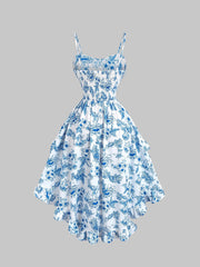 Lunivop  Blue and white floral printed spaghetti strap sweetheart neck high waisted puffy dress