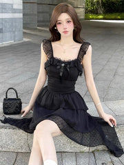 Hnewly  Woman Dress Sexy Irregular Slim Ruffles Patchwork Sleeveless Square Collar Bow Party Mini Dresses Female Fashion