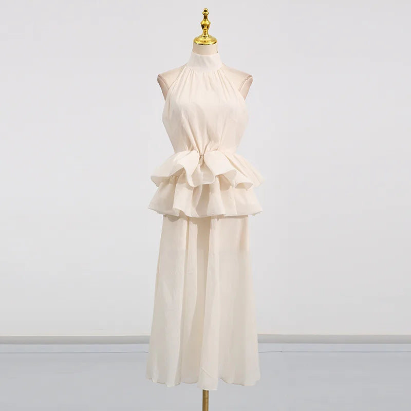 Hnewly Fashion Solid Color Dress Women's High Neck Sleeveless Waist Ruffle Hem Dresses 2025 Summer New Tide