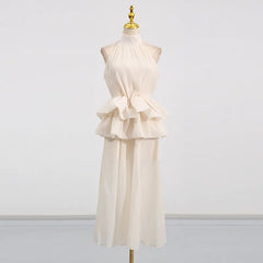 Hnewly Fashion Solid Color Dress Women's High Neck Sleeveless Waist Ruffle Hem Dresses 2025 Summer New Tide
