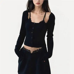 Hnewly  Sexy long sleeve top black korean fashion halter top cropped fake 2 pieces Summer lace top women t shirts crop top white