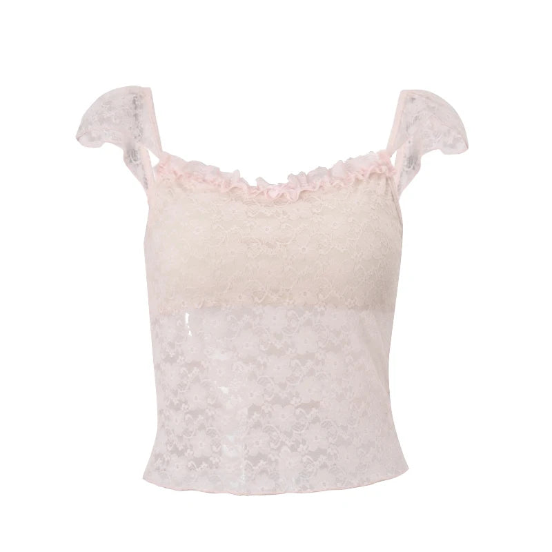 Hnewly Korean Women Off Shoulder Crop Tops Sexy Lace Ruffle Sleeveless Square Neck Vest 2025 Summer Fashion Halter Camisole