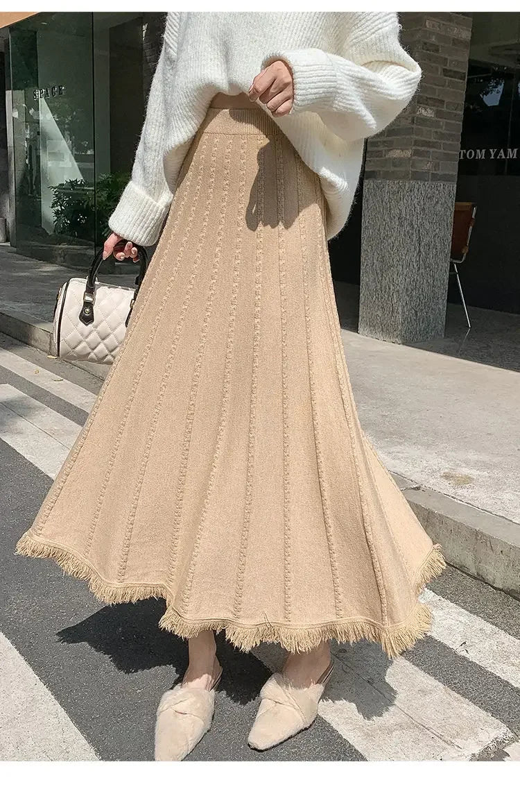 Hnewly  Knitted Skirts Women Plus Velvet Thicken Autumn Winter Wide Skirt Elegant Streetwear Baggy Casual High Waist Faldas All-match