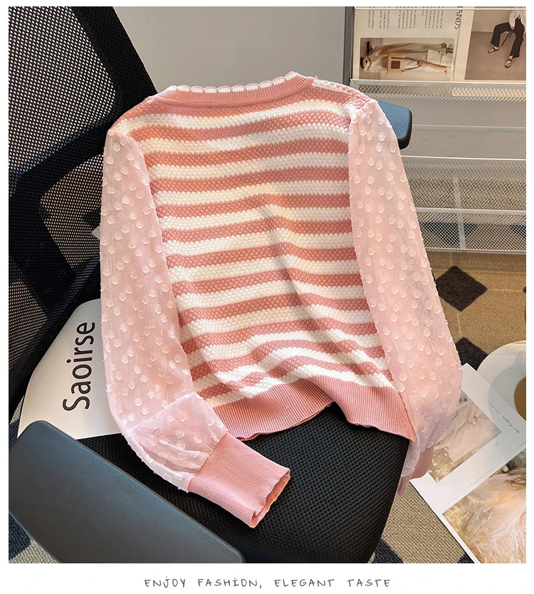 Hnewly  Striped knitted Sweater For Women's Spring Autumn French Elegant Round Neck Long Sleeved Patchwork Chiffon Loose All-Matched Top