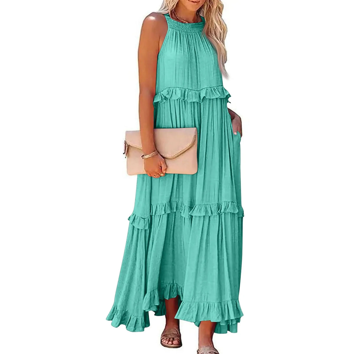 Hnewly  Ladies' Temperment Green Korean Summer Long Dress Fashion Classic Loose Large Swing Holiday Beach Skirt