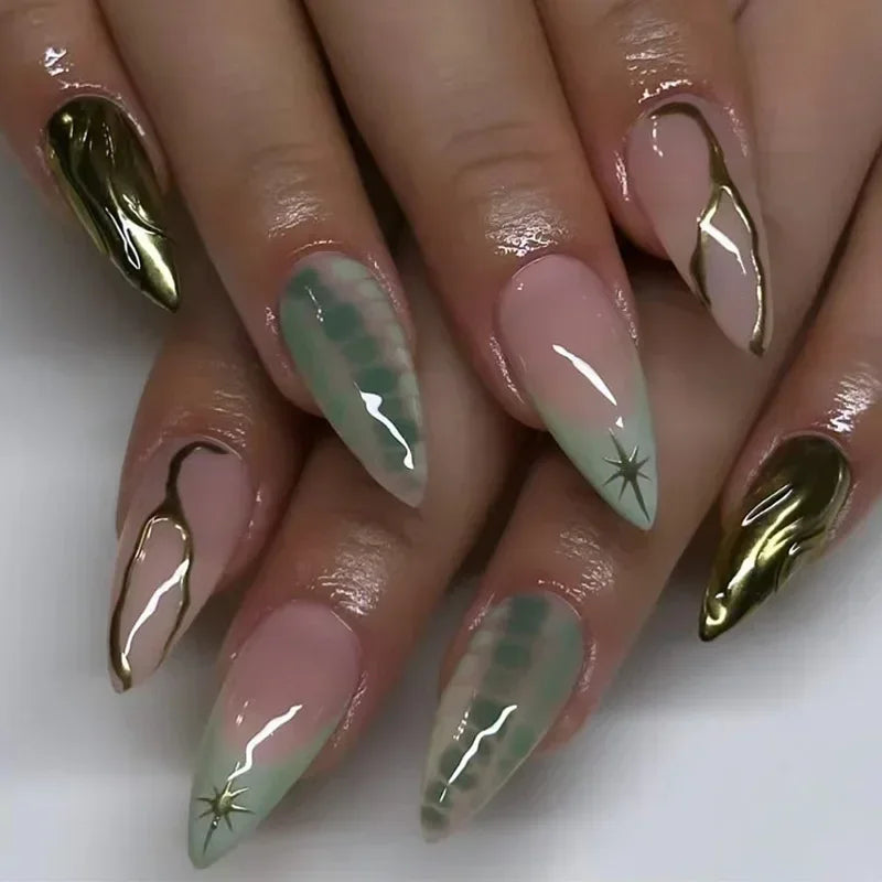 Hnewly 24Pcs French Almond False Nails Glitter with Rhinestones Wearable Fake Nails Artificial Simple Full Cover Press on Nails Tips