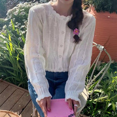 Hnewly  Cute Crop Cardigan for Women Hollow-out Openwork Button Up Knit Sweater Jacket Teen-girl Spring Autumn Fairycore Outfit