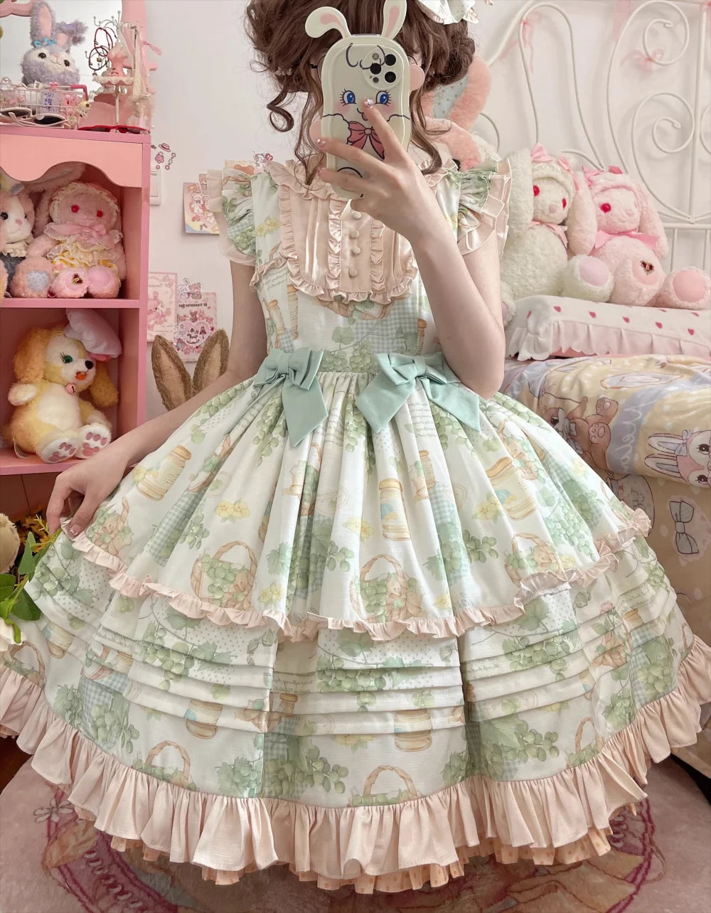 Hnewly  Japanese Kawaii Lolita Jsk Dress Women Victorian Retro Ruffle Grape Print Bandage Bow Trailing Princess Dresses Party Mini Dress