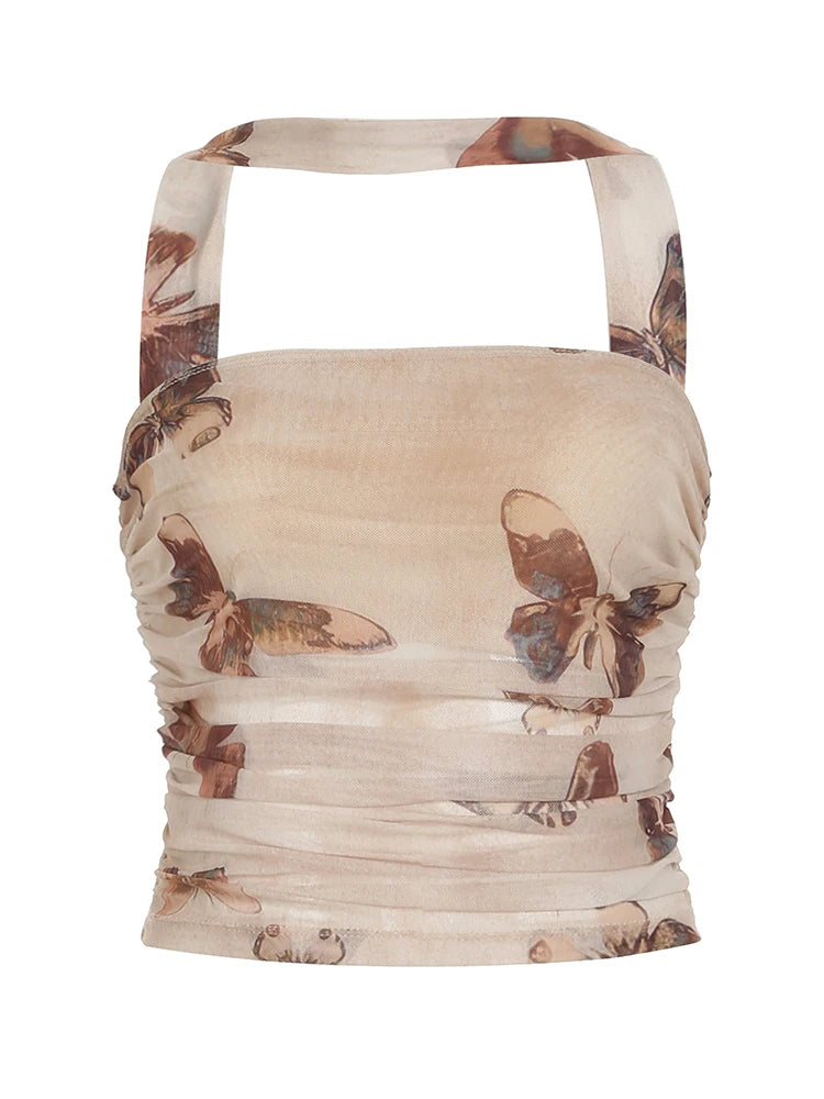 Hnewly Retro Butterfly Print Halter Tube Top Summer Casual Sleeveless Skinny Cropped Tops for Women Vintage 2000s Tees Aesthetic