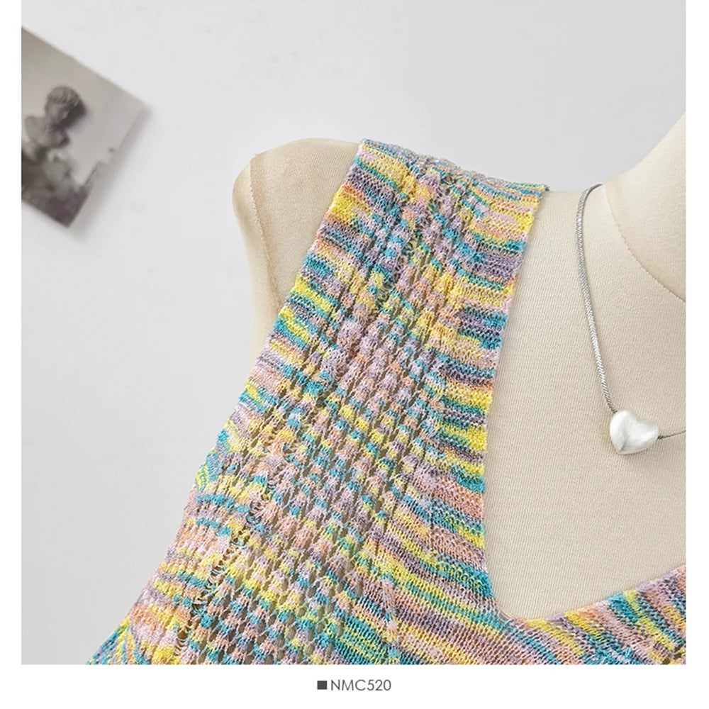 Hnewly  Retro Colored Striped Camisole Vest Women's 2025 New Summer New Sleeveless O-neck Knitted Shirt Elegant Hollow Out Short Top