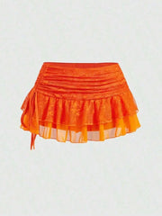 Hnewly  Ultra Low-Waist Lace Mesh Double Layer Pleated Wrap Tie High Slit Skirt