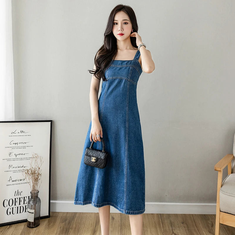 Hnewly  Denim Spaghetti Strap Dress New Summer Women's Retro Strap A-Line Dress Classic Blue Tea-Length Versatile Slim Sun Dresses