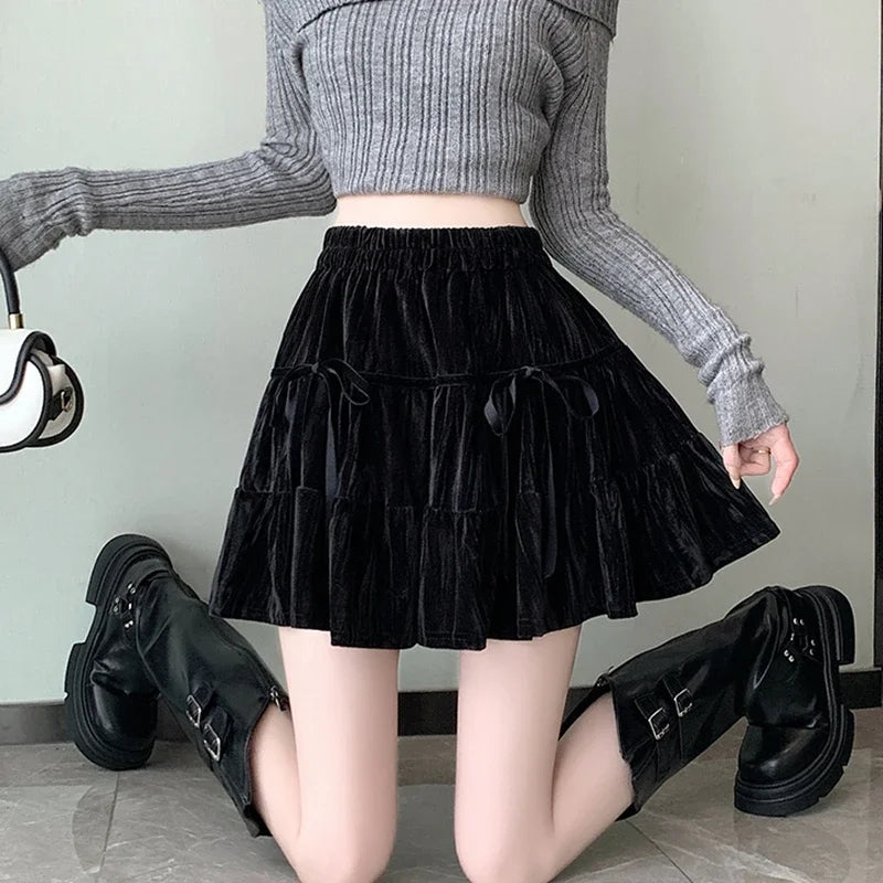 Hnewly Casual A Line Mini Kawaii Skirt Women Clothing High Waist Bow Black Faldas Largas Korean Style Harajuku Pleated Velvet Skirts