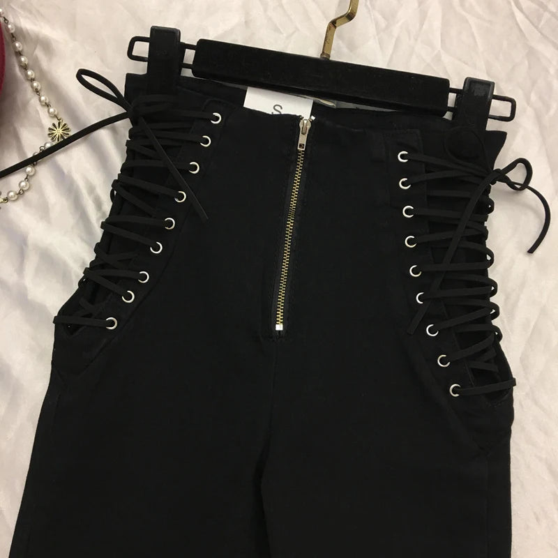 Hnewly Jeans Women Lace-up Skinny All-match Zipper Simple Trendy Ankle-Length Trousers Womens Spring Autumn Slim Female High Quality
