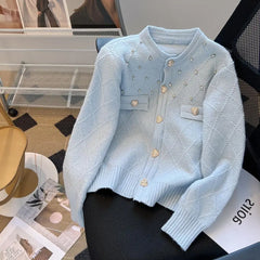 Hnewly  French Knitted Cardigan Sweater Luxury Diamond O-Neck Long Sleeve Top Women's Autumn Winter Korean Soft Comfort Coat