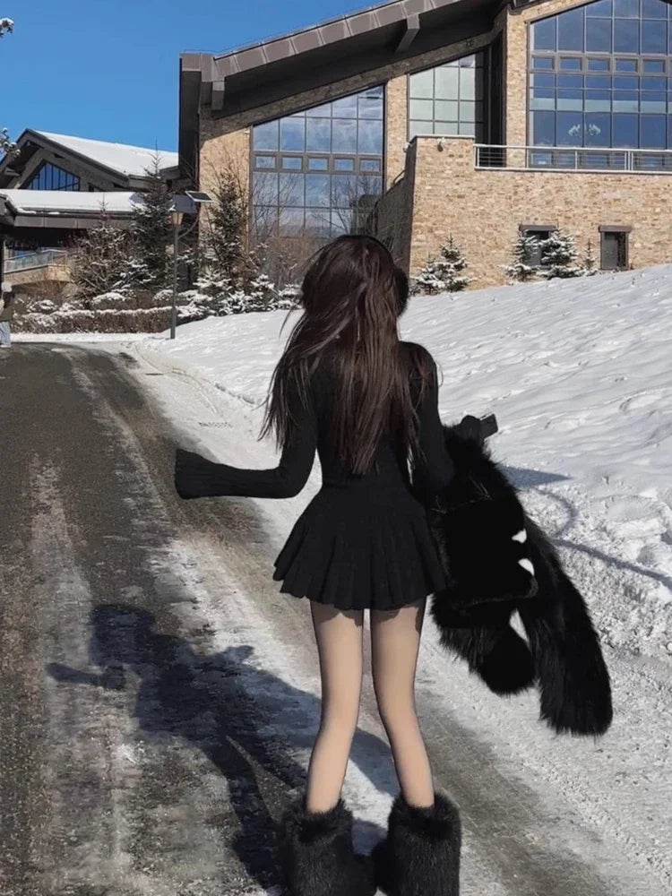 Hnewly cute winter outfits Sweet Knitted Sweater Dress Women Casual Long Sleeve Elegant French Y2k Mini Dress Even Party Autumn Korean Fashion Chic