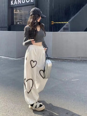 Hnewly White Heart Leggings Sports Pants for Women Autumn New Loose Bf Lazy Casual Pants Simple Sport Pants