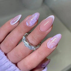 Hnewly 24pcs Long Almond Purple False Nails French Cat's Eye Cherry Press On Nails Stiletto Fake Nails Manicure Detachable Nail Tips