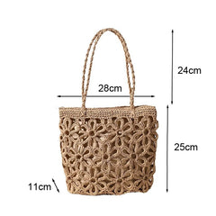 Hnewly  Grass Woven Shoulder Bag Hollowed Out Flowers Handbag  Hand-held Beach Vacation Bags For Women
