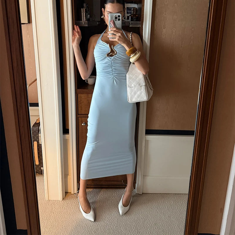 Hnewly  Sexy Ribbon Pleated Halter Party Dress Women Slim Metal Buckle Sleeveless Backless Female Dresses Spring Lady Evening Robes