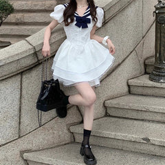 Lunivop  Women's White Sailor Collar Navy Bow Dresses Bubble Sleeve Tiered Ruffle Short Dress Sweet Casual Cute Style Dress
