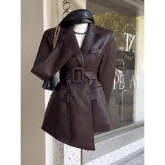 Hnewly  Retro Coffee Color Lace Up Pu Leather Jacket For Women's Autumn New Luxury Slim Blazer Fashion Irregular All-Matched Winter Coat